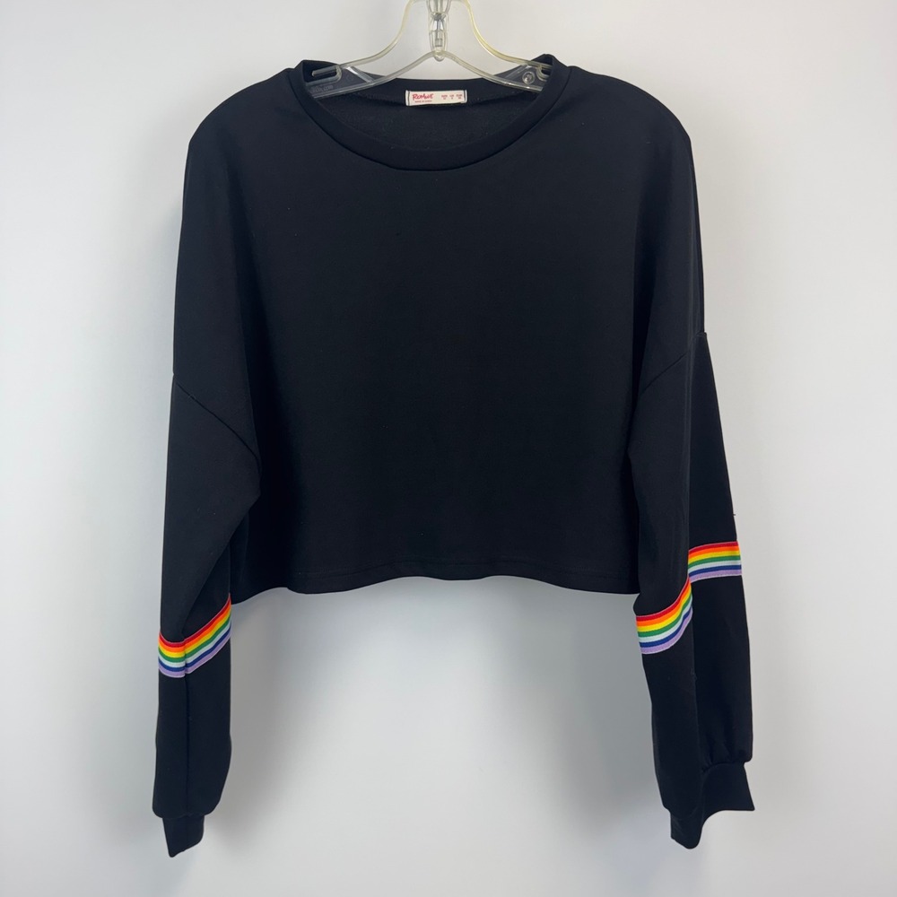 Romwe Womens Black Rainbow‎ Stripe Sleeve Cropped Sweatshirt Size M Crew Neck